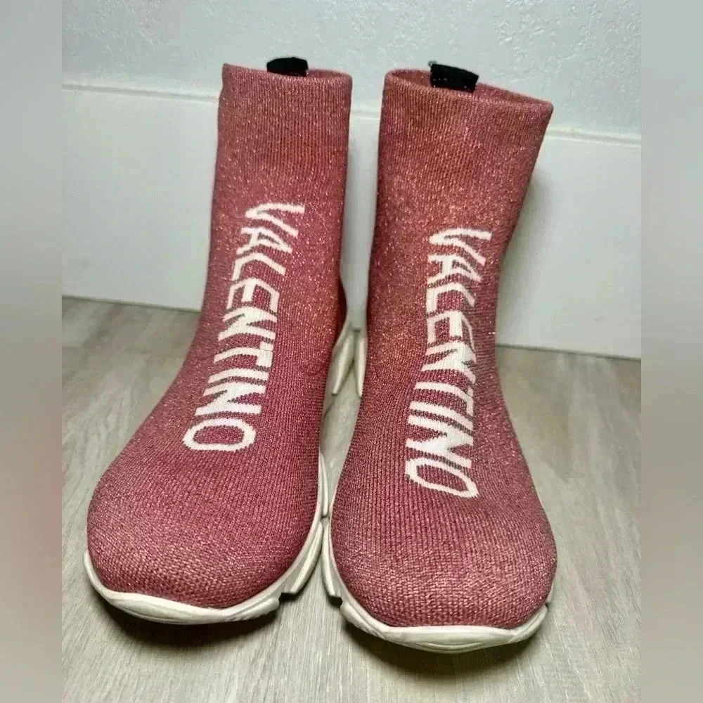 Valentino Pink Glitter Sock Sneakers Women Size 7 Good Logo Knit High Top